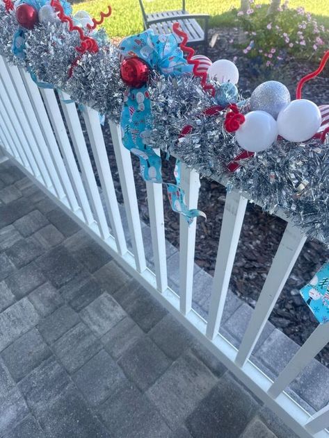 Christmas Diy Pool Noodles, Pool Noodle Ornaments, Christmas Decor Ideas Pool Noodle, Christmas Decoration With Pool Noodles, Pool Noodle Outdoor Decor, Pool Noodle Railing Christmas, How To Decorate A Fence For Christmas, Christmas Decorations Using Pool Noodles, Pool Noodle Holiday Decor