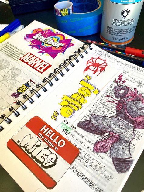 Miles Morales Art Book, Spiderverse Journal, Miles Morales Sketchbook Pages, Spiderverse Doodles, Spiderman Journal, Miles Morales Sketchbook, Miles Sketchbook, Miles Morales Graffiti, Miles Morales Drawing