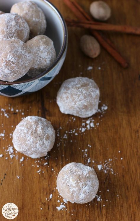 Snowball Cookies Recipe, Snowballs Recipe, Spiced Eggnog, Snowball Cookie Recipe, Eggnog Cookies, Baking Photography, Christmas Dessert Table, Peppermint Candies, Snowball Cookies