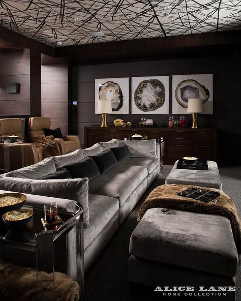 Basement Movie Room, Small Home Theaters, Contemporary Basement, Home Theater Room Design, Theater Room Design, Alice Lane, Media Room Design, Grey Velvet Sofa, Basement Finishing