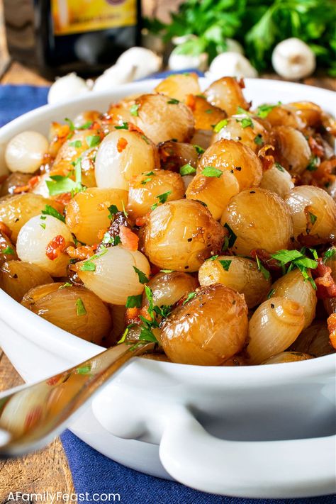 Balsamic Glazed Onions with Bacon - A Family Feast Glazed Onions, Slow Roasted Onions, Pearled Onions Recipes, White Pearl Onions Recipe, How To Cook Pearl Onions, Pearl Onions Thanksgiving, Frozen Pearl Onions Recipe, Pearl Onion Recipes Side Dishes, Pearl Onions Recipe