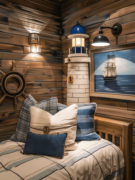 43 Nautical Bedroom Ideas That Will Bring Out The Sailor In You Art Deco Kids Room, Dream Lakehouse, Nautical Bedroom Ideas, Sailor Room, Nautical Interior Design, Botanical Mural, Sea Of Tranquility, Modern Floral Wallpaper, Boat Bed