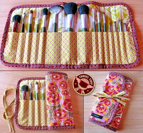 Makeup Brush Case Sewing Pattern FREE - My Handmade Space Diy Makeup Storage Ideas, Makeup Storage Ideas, Diy Makeup Brush Holder, Makeup Bag Pattern, Diy Makeup Brush, Makeup Brush Roll, Diy Makeup Bag, Makeup Brush Case, Diy Makeup Storage