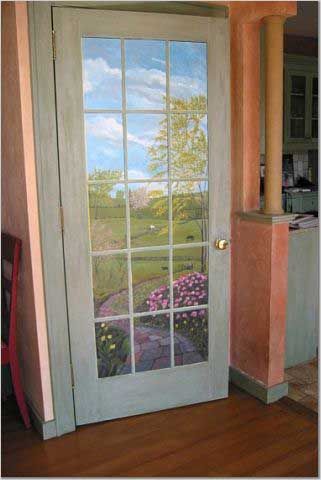 mural or 15 pages of prints decoupaged onto the door Mural On Door, Door Murals Painted, Walls With Wallpaper, Painted Closet, Diy Screen Door, Outdoor Scenery, Wallpaper Door, Door Mural, Faux Window