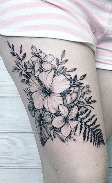 Hawaiian Flower Tattoos On Thigh, Hibiscus Tattoo Cover Up, Hibiscus Leaf Tattoo, Hibiscus And Lotus Flower Tattoo, Hibiscus And Lily Flower Tattoo, Hibiscus Ocean Tattoo, Hibiscus Flower Tattoos On Thigh, Hibiscus Ankle Tattoos For Women, Hibiscus Tattoo On Thigh