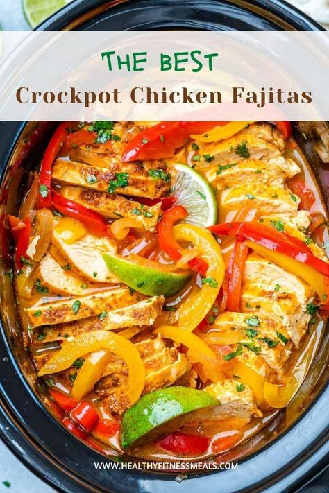 Crockpot Chicken Fajitas Fajitas Crockpot Chicken, Chicken Crockpot Recipes Gf Df, Healthy Chicken Fajitas Crockpot, Slow Cooker Chicken Fajita Recipes, Crockpot Meal Dairy Free, Chicken Fajitas In Crockpot, Crockpot Recipes Fajitas, Chicken Fajita Casserole Crockpot, Crockpot Chicken Dairy Free