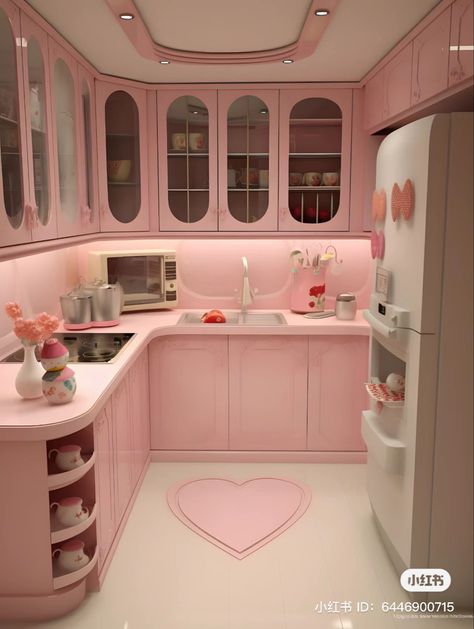 Kitchen Ideas Girly, Pink And White Dining Room, Kitchen Kawaii, Kitchen Ideas Pink And White, Pink Modern Kitchen, Home Pink, Small Pink Kitchen, Cute Pink House, Pink Interior Design Home Decor