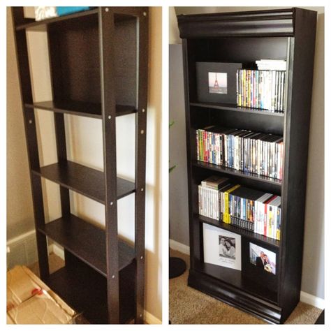 Materials: Laiva bookcase, 2 boards 9.5×65″, piece of plywood 28×24″, 2x 26″ of crown molding Description: I bought the Laiva bookcase very cheaply ($20 on craigslist), but wanted a more expensive look. By adding a board to each side of the bookcase, plywood backing, and crown molding trim to the top and bottom, it now [&hellip Ikea Laiva, Hackers Ikea, Boho Decorating, Brown Bookcase, Ikea Bookcase, Black Bookcase, Bookcase Diy, Study Ideas, Diy Ikea Hacks