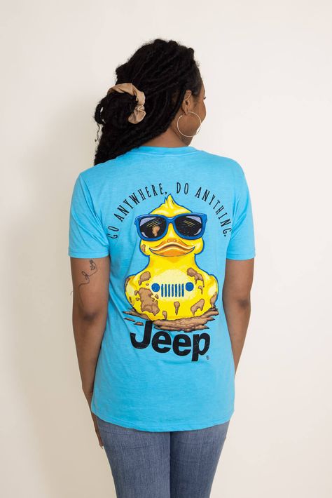 Jeep lovers, this one’s for you! This Jeep Muddy Duck T-Shirt in Blue features a rubber duck graphic, comfortable cotton/poly blend, and short sleeves. Great for every day wear, style this unisex tee with denim or joggers this season! Features: Buck Wear Style: 3750-CARIBBEAN Color: Caribbean Blue 50% Cotton 50% Polyester Jeep shirts Graphic tees Short sleeves, crew neckline Back graphic of muddy rubber duck and reads “Go Anywhere, Do Anything” Jeep logo on front chest Unisex sizing Measurements Duck Duck Jeep, Jeep Clothing, Jeep Art, Jeep Logo, Duck Graphic, Jeep Gifts, Duck T Shirt, Jeep Shirts, Duck Shirt