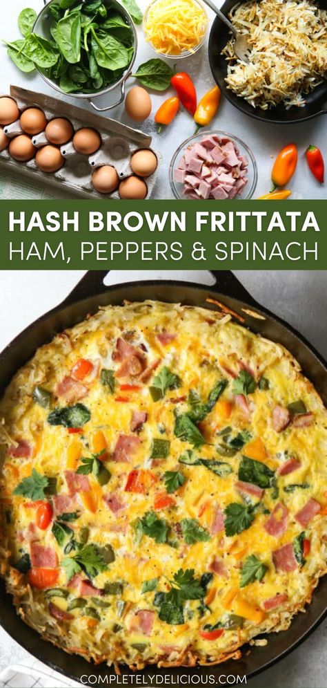 This hash brown frittata is the perfect addition to your breakfast or brunch menu, especially if you’re entertaining! It’s filled with smoked ham, peppers, spinach, and cheddar cheese, all inside a crispy hash brown crust. It’s a meal all by itself and it’s perfect any time of day. | brunch frittata easy recipes | hashbrown frittata recipes | best frittata recipes breakfast | hashbrown egg frittata | frittata with ham | frittata with hashbrown crust | frittata with peppers | frittata with cheese Baked Egg Frittata Recipes, Frittata For A Crowd, Christmas Frittata Recipes, How To Make A Frittata, Hashbrown Frittata, Bacon Frittata Recipes, Sausage Frittata Recipes, Fritata Recipe Breakfast Easy, Breakfast Frittata Recipes