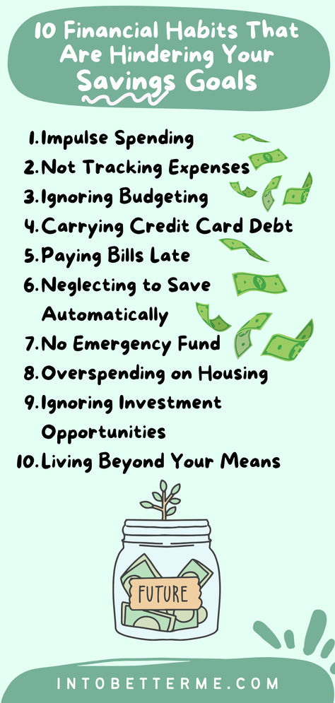 Discover the 10 financial habits that could be holding you back from reaching your savings goals. From impulse spending to neglecting budgeting, learn how to overcome these obstacles and take control of your finances. #FinancialHabits #SavingsGoals #MoneyManagement Tracking Expenses, Best Money Saving Tips, Paying Bills, Money Saving Strategies, Saving Goals, Money Saving Challenge, Emergency Fund, Saving Lives, Finance Tips