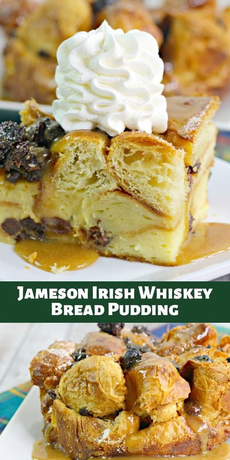 This decadent Jameson Irish whiskey bread pudding is a decadent yet easy breakfast or brunch. Buttery croissants laced with Jameson Irish whiskey make the base of this deliciously sweet breakfast casserole. A rich homemade caramel sauce tops it off and makes this a breakfast or brunch dish to remember. #breakfastrecipe #breakfastcasserole #recipe Baileys Bread And Butter Pudding, Chocolate Bread And Butter Pudding, Baileys Bread Pudding, Bread Pudding Bourbon, Bread Pudding Bourbon Sauce, Special Birthday Desserts, Whiskey Bread, Whiskey Bread Pudding, Brioche Bread And Butter Pudding