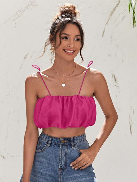 Camiseta corta sin mangas de mujer de unicolor con volantes, top de color rosa intenso Rosa Fucsia Casual   Tela Liso Tirantes No-Elástico Verano Women Clothing, size features are:Bust: ,Length: ,Sleeve Length: Hot Pink Top, Hot Pink Tops, Cropped Camisole, Pink Top, Color Rosa, Pink Tops, All Fashion, Summer Women, Women Clothing