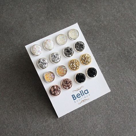 Stud Earring Set, Druzy Earring Set, Silver Earring Set, Rose Gold Earrings, Gold Stud Earrings, Earring Gift Set, Black Stud Earrings by BellaBoutiqueCrafts on Etsy Silver Earring Set, Teal Earrings, Black Stud Earrings, Resin Jewelry Diy, Valentines Earrings, Polymer Clay Jewelry Diy, Black Stud, Druzy Earrings, Earring Gift