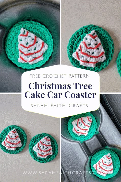 Free Crochet Pattern: Christmas Tree Cake Car Coasters - Sarah Faith Crafts - Free Knitting and Crochet Patterns Crochet Winter Coasters Free Pattern, Free Crochet Patterns Ornaments, Christmas Tree Cake Crochet, Crochet Christmas Tree Cake, Christmas Car Crochet, Crochet Little Debbie Tree Cake, Car Coaster Crochet Pattern Free, Christmas Crochet Coasters Free Pattern, Free Holiday Crochet Patterns