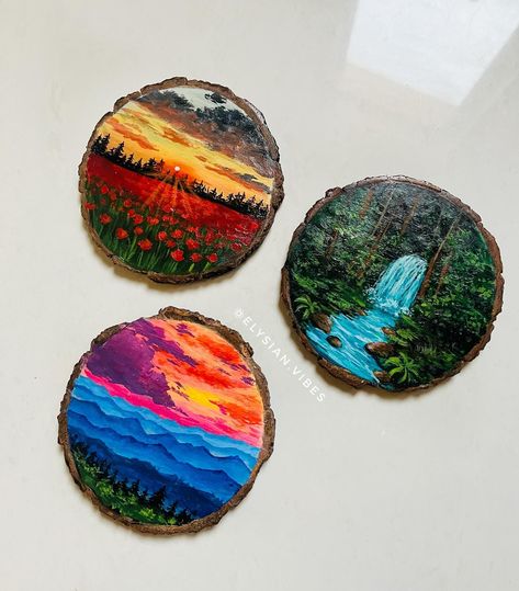 Painted Coasters Diy, Tulips Landscape, Coasters Painting, Coaster Painting, Nature Landscape Painting, Nature Reference, Painting Coasters, Acrylic Coasters, Coasters Diy