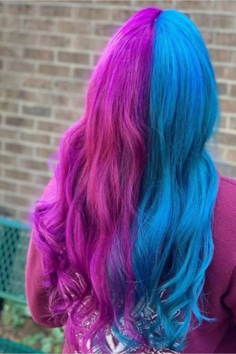 Purple And Blue Hair Half And Half Hair, Split Dyed Hair, Vivid Hair Color, Violet Hair, Bright Hair, Half And Half, Vivid Color, Purple Hair, Dyed Hair