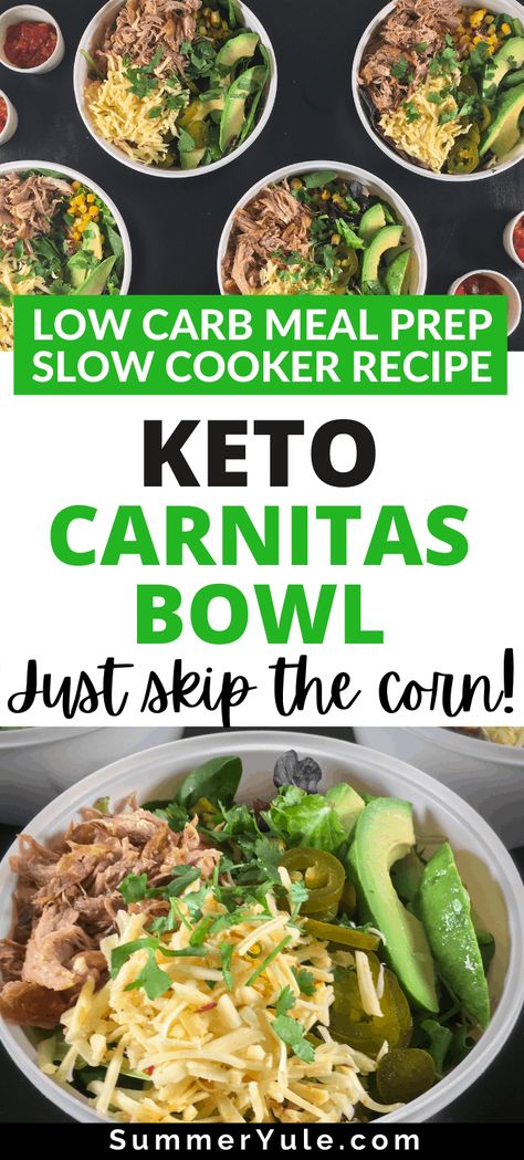 Wondering how to eat pulled pork without bread? Try my healthy pulled pork bowls! These gluten free and low carb pork carnitas salads can be made keto-friendly by leaving off the corn. Start cooking your mouthwatering pork shoulder carnitas in a crockpot in the morning, and put together this easy dinner after work! Leftover shredded pork is great in tacos, burritos, or mix it up with BBQ sauce! #healthyrecipes #keto #lowcarb #glutenfree #porkrecipes #slowcooker #crockpot #lchf #carnitas Pork Shoulder Carnitas, Carnitas Salad, Recipe Using Pulled Pork, Leftover Shredded Pork, Crockpot Pork Shoulder, Pork Bowl Recipe, Low Carb Pulled Pork, Pork Salad Recipes, Healthy Pulled Pork