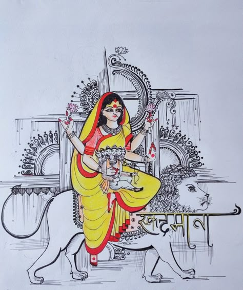 Nav Durga Drawing, Durga Devi Sketch, Sanatan Drawing, Abstract Durga Painting, Navdurga Painting, Navaratri Drawings, Madhubani Embroidery, Skanda Mata, Religion Drawing