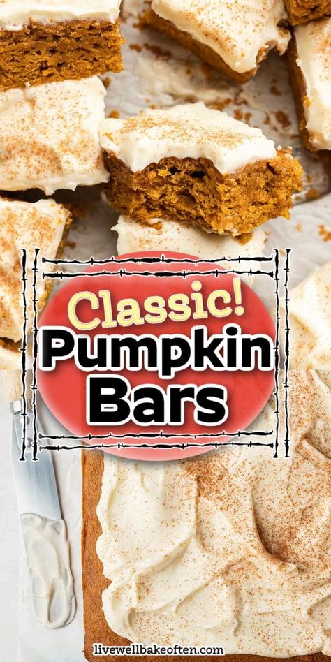 pumpkin bars Best Pumpkin Bars, Easy Pumpkin Bars, Live Well Bake Often, Seasonal Baking, Dessert From Scratch, Pumpkin Cake Recipes, Homemade Pumpkin Puree, Pumpkin Bars, Fall Flavors