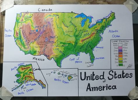 United States map Feature Drawing, Map Of The United States, Map Drawing, Physical Map, United States Map, Physical Features, Atlantic Ocean, The United States Of America, States Of America