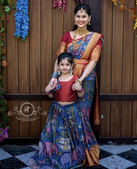 Mom And Daughter Saree And Dress, Mom Daughter Indian Outfits, Mom Daughter Lehenga Combo, Kalamkari Family Outfits, Family Traditional Outfits Indian, Mom And Daughter Dresses Indian Saree, Mom And Daughter Dresses Indian Birthday, Mom N Daughter Outfits Indian, Mom Daughter Matching Dresses Indian