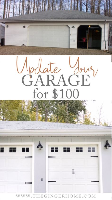 Spruce Up Garage Door, Painted Garage Door, Garage Door Update, White Vinyl Siding, Exterior Refresh, 1940s House, White Garage Doors, Flip Houses, Garage Door Paint