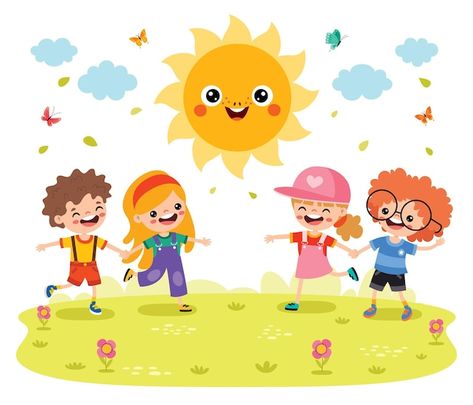 Vector kids playing at nature with sun | Premium Vector #Freepik #vector #summer-kids #cute-kids #kids-activities #kids Sunny Weather, Teaching Aids, Summer Pictures, Kids Pictures, Kids Activities, Summer Kids, Cartoon Kids, Kids Playing, Sunny Days