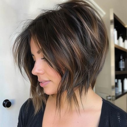 Messy Bob with Elongated Fringe and Tapered Ends Long Bob Hairstyles Asian, Dark Brown Stacked Bob, Choppy Bob Back View, Angled Bobs For Fine Hair, Textured Inverted Bob, Edgy Bobs For Fine Hair, Hair Long In Front Short In Back, Messy Inverted Bob, Angled Pixie Haircut