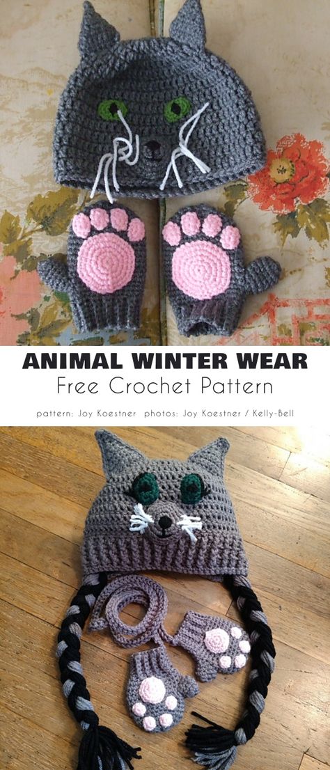 Winter Animal Wear Crochet Paw Mittens, Crochet Animal Mittens Free Pattern, Crochet Cat Scarf Pattern, Crochet Animal Hats Free Patterns, Cat Scarf Pattern, Crochet Hats Free Pattern Ladies, Scarf Kids, Crochet Baby Mittens, Crochet Patterns Baby Girl