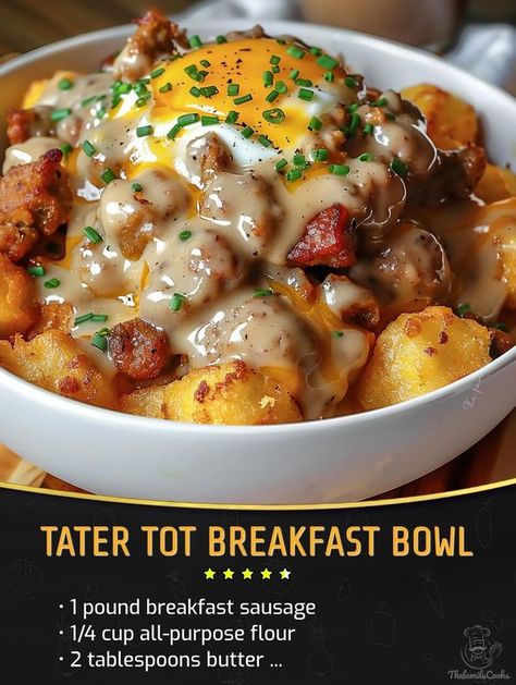 Tater Tot Breakfast Bowl With Sausage Gravy, Tater Tot Breakfast Bowl, Bed And Breakfast Ideas, Tator Tot Breakfast, Tater Tots, Tater Tot Breakfast, Sausage Gravy, Breakfast Meal Prep, Health Dinner Recipes