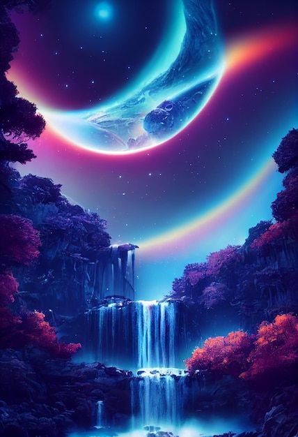 Fantasy of neon waterfall in deep forest... | Premium Photo #Freepik #photo #enchanted #fantastic #fantasy #fairy-forest Facebook Cover Images, Magic Aesthetic, Beautiful Art Pictures, Fantasy Forest, Cute Animal Drawings Kawaii, Fantasy Images, Fantasy Places, Fantasy Art Landscapes, Deep Forest