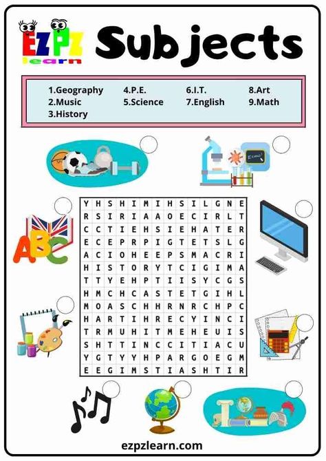 Subject Worksheet, Crosswords For Kids, School Word Search, Game Worksheet, Word Puzzles For Kids, Math Division Worksheets, Word Games For Kids, Classe Harry Potter, Word Search Puzzles Printables