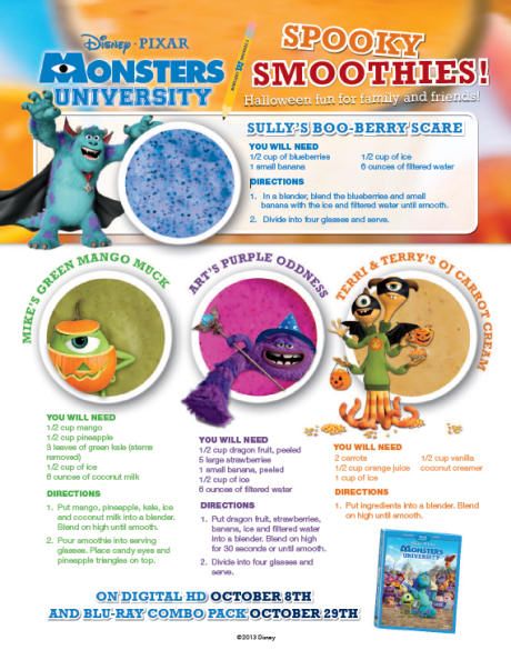 Monsters university spooky smoothy recipes Pixar Recipes, Cartoon Desserts, Monster's University, Smoothy Recipes, Nerd Food, Recipes For Halloween, Spooky Disney, Disney Themed Movie Night, Disney Movie Night Food