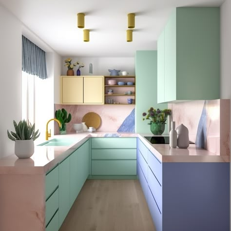 Funky Interior Design, Pastel Interior Design, Pastel Palettes, Pastel Kitchen, Pastel Interior, Pastel Home Decor, Colorful Kitchen, Retro Renovation, Kitchen Transformation