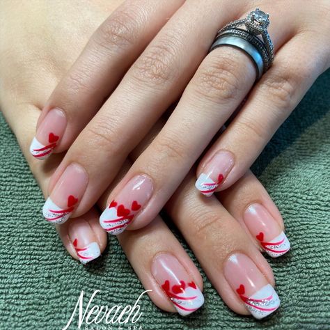 White Tips Valentines Nails, Gel Nail Designs For Valentines Day French Tips, Valentines Nails Tips, French Tip Valentines Day Nails Square, Valentine French Tip, French Nails Valentines Day, February Nails French Tips, Fun French Nail Ideas, Fancy Valentines Nails