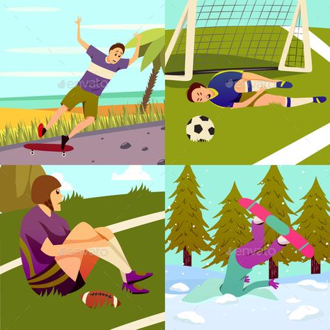 Sport injury flat colorful 2x2 design concept set of square compositions with different kinds of sport vector illustration Sport Vector, Dangerous Sports, Drawings Of Friends, Sports Injury, Flat Vector, Different Kinds, Cartoon Images, Digital Artists, Flat Illustration