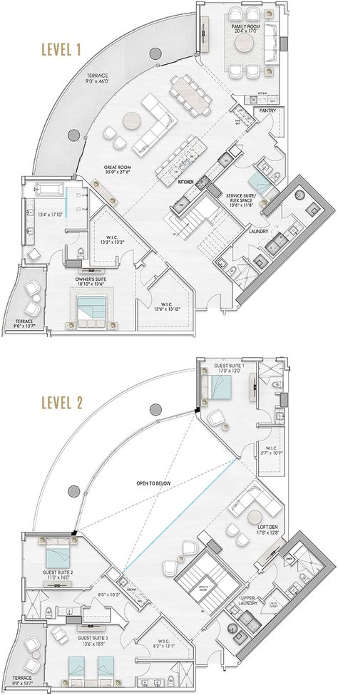 Aesthetic Apartment Floor Plan, Floor Plan Penthouse, Luxurious Apartment Floor Plan, 2 Story Penthouse Floor Plan, Penthouse Blueprints, Penthouse Design Floor Plans, Penthouse Floor Plan Luxury Layout, Penthouse Apartment Layout, Penthouse Plans Layout