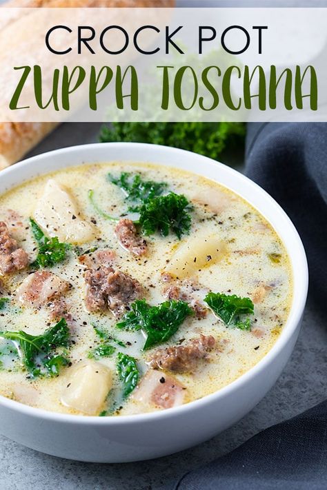 Easy Crockpot Zuppa Toscana Soup, Sausage Kale Potato Soup Crock Pot, Crock Pot Zuppa Toscana, Zupa Toscana Soup Easy, Freezer Zuppa Toscana Soup, Kale Soup Recipes Crockpot, Comfort Food Slow Cooker, Zappa Toscana Soup Crock Pot, Zupa Toscana Soup Crockpot