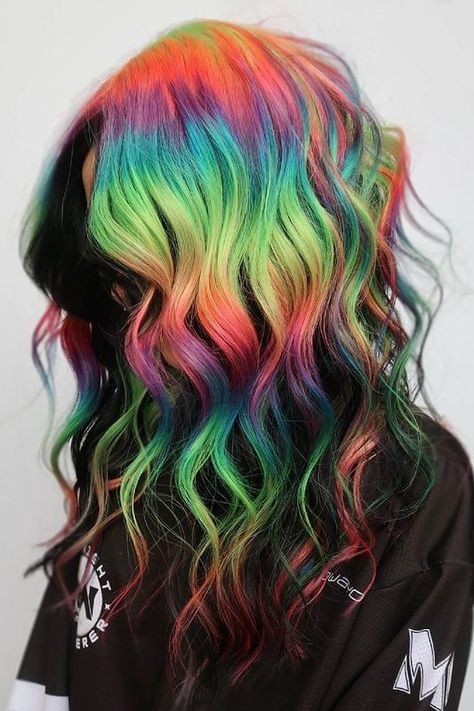 Find Your Perfect Rainbow Hair Stylist This Summer: Get Expert Help Neon Rainbow Hair Color Ideas, Purple And Rainbow Hair, Black Rainbow Hair, Rainbow Split Dye, Black And Rainbow Hair, Rainbow Prism Hair, Prism Hair Color, Rainbow Hair Color Ideas, Short Rainbow Hair