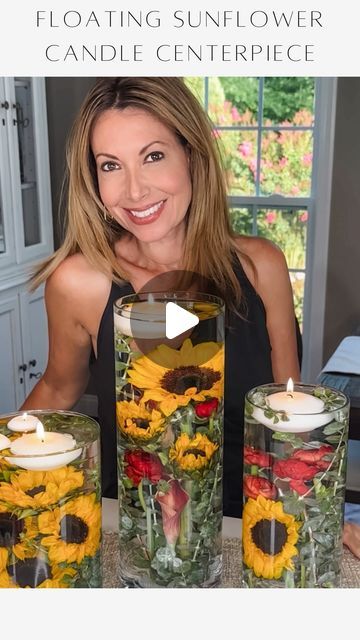 Janine Graff on Instagram: "Radiant Sunflower Centerpiece 🌻💫 is an effortless and elegant way to elevate your table decor. By showcasing fresh sunflowers and eucalyptus submerged in water, their vibrancy is enhanced, especially when complemented with floating candles. This arrangement instantly adds a touch of magic and ambiance to late summer and fall weddings, special occasions, or gatherings.  I love using my floral frogs to create stunning displays in minutes. These little helpers anchor each bloom in place, ensuring a flawless and captivating centerpiece that will leave your guests in awe and think you hired a professional florist!   To shop my floral frog and vases, comment LINK and I’ll send you the details.  #sunfloweraesthetic #sunflowerart #fallarrangement #falldecor #falldiy" Candle Floating In Water, Floating Candle Centerpieces Thanksgiving, Glass Basket Decor Ideas, Fall Floating Candle Centerpieces, Easy Table Centerpieces, Fall Floating Candles, Sunflower Centerpieces Diy, Floating Candle Arrangements, Floating Flower Centerpieces