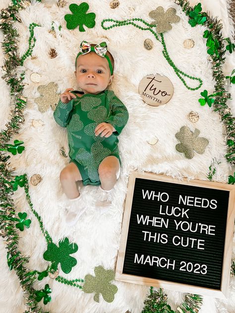 Baby Stella is 2 months old! Time flies St Pattys Day Baby Photoshoot, March Monthly Baby Picture, March Baby Photoshoot, 2 Month Old Photo Shoot, One Month Old Baby Pictures, Milestone Ideas, Monthly Ideas, Baby Holiday Photos, 8 Month Baby