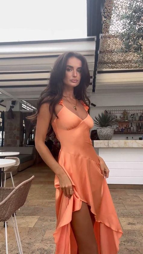 Orange Night Dress, Rusty Orange Prom Dress, Orange Maxi Dress Wedding, Long Orange Dress Outfit, Sunset Prom Dress, Orange Maxi Dress Outfit, Cruise Dresses Formal Night, Orange Dress Prom, Light Orange Prom Dress