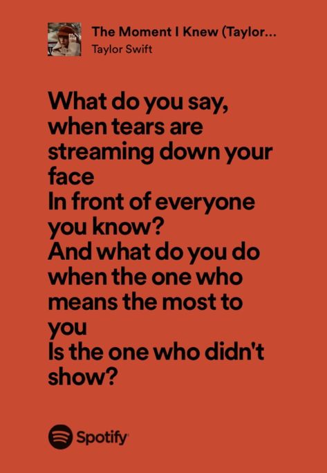 The Moment I Knew Taylor Swift Lyrics, The Moment I Knew Taylor Swift, The Moment I Knew, Taylor Swift Song Lyrics, Tragic Love Stories, Book Obsession, Taylor Lyrics, Swift Lyrics, Spotify Lyrics