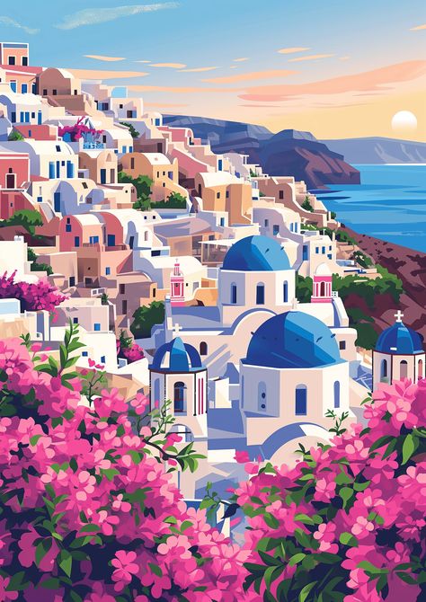 🎨✨Travel Wall Art with Midjourney Prompts - Go to the Link in my Bio🎉🔗 Santorini Illustration, Greece Wallpaper, Greece Painting, Greek Paintings, Ipad Painting, Italy Art Print, Artistic Pictures, Summer Painting, City Illustration