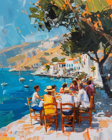 Greek Coast, Friendship Note, Mediterranean Lunch, Greek Artwork, Mediterranean Paintings, Fruit Art Drawings, Colorful Landscape Paintings, Sea Artwork, Friends Enjoying