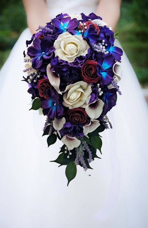 Navy Blue And Purple Wedding Theme, Blue Orchid Bouquet, Rose Gold Brooch Bouquet, Faux Flowers Wedding, Blue Purple Wedding, Silk Flower Bridal Bouquet, Jeweled Bouquet, Burgundy Roses, Cascading Bridal Bouquets