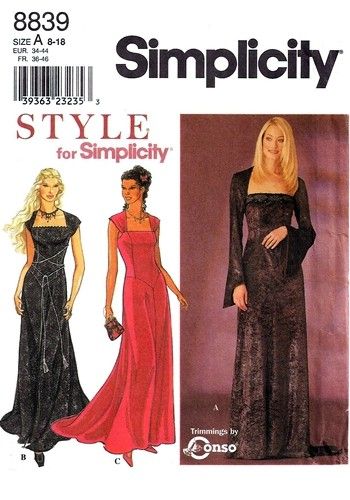 Simplicity 8839 Gothic Styled Dress 1999 Goth Sewing Patterns, Goth Sewing, Long Gothic Dress, Formal Dress Patterns, Long Dress Patterns, Gored Skirt, Evening Gown Dresses, Gothic Dress, Dress Sewing Patterns