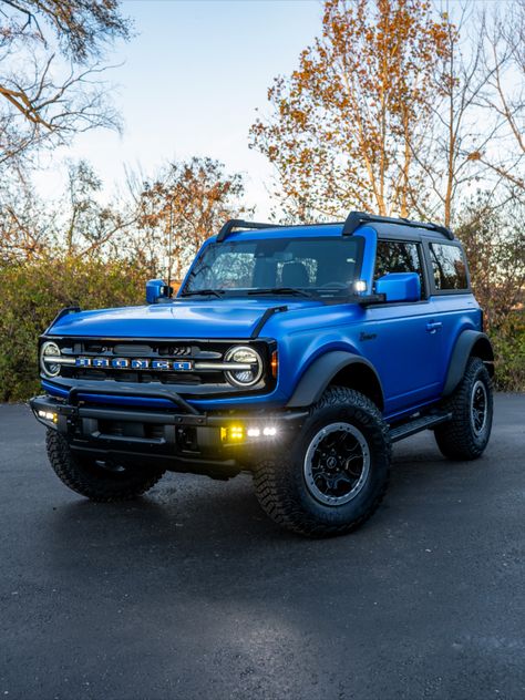 Matte blue Ford Bronco offroad SUV with accessories. Blue Ford Bronco, Custom Ford Bronco, Bronco Car, Offroad Accessories, Blue Vinyl, Matte Metallic, Brand Board, My Dream Car, Vinyl Wrap