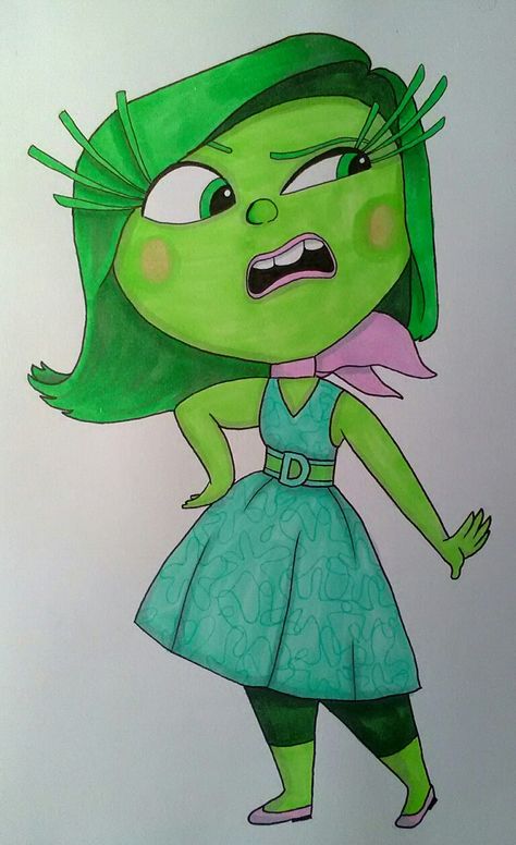 Copic pen drawing of disgust from Inside Out Drawing Ideas Inside Out, Disgust Inside Out Drawing, Inside Out 2 Painting, Cartoon Sketches Disney, Inside Out 2 Drawing Easy, Drawing Inside Out Characters, Disney Drawings Ideas Cartoon Characters, Inside Out Doodle, Disney Character Drawings Sketches